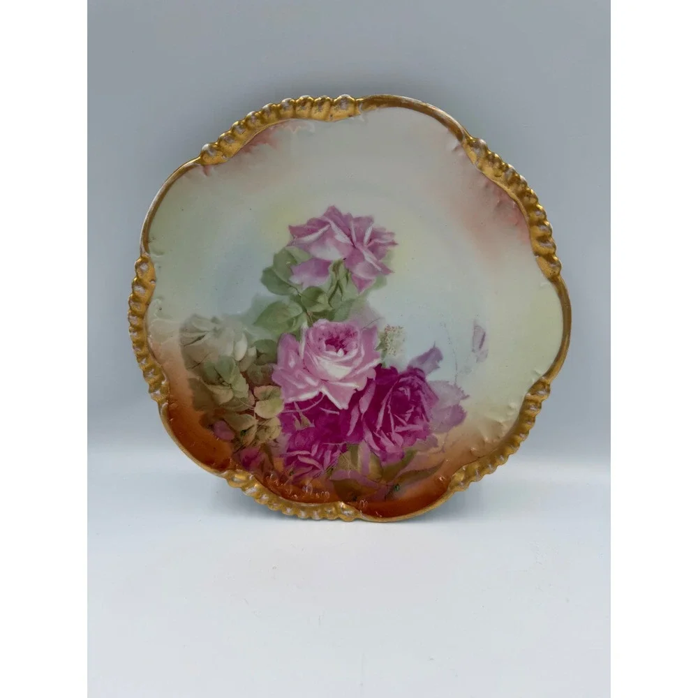 Antique Bauer & Pfeiffer Württemberg Porcelain Floral Plate Gold Scalloped Rim
